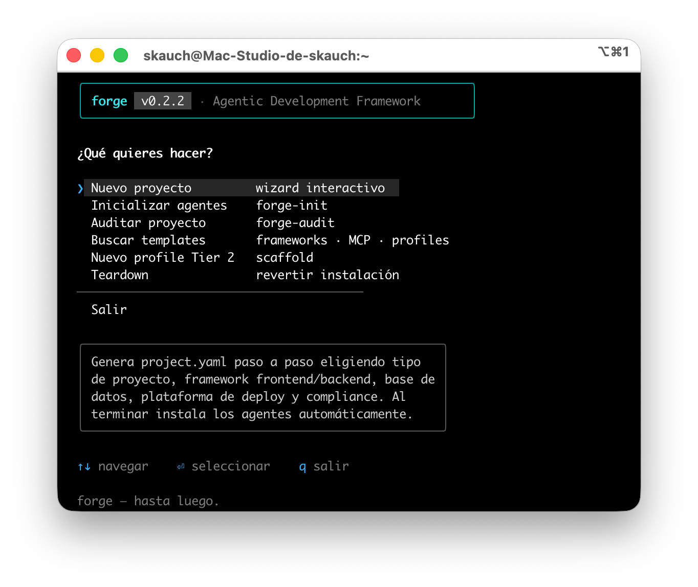 Panel interactivo OpenTUI de forge mostrando la configuración del proyecto, los agentes instalados y el estado del runtime.